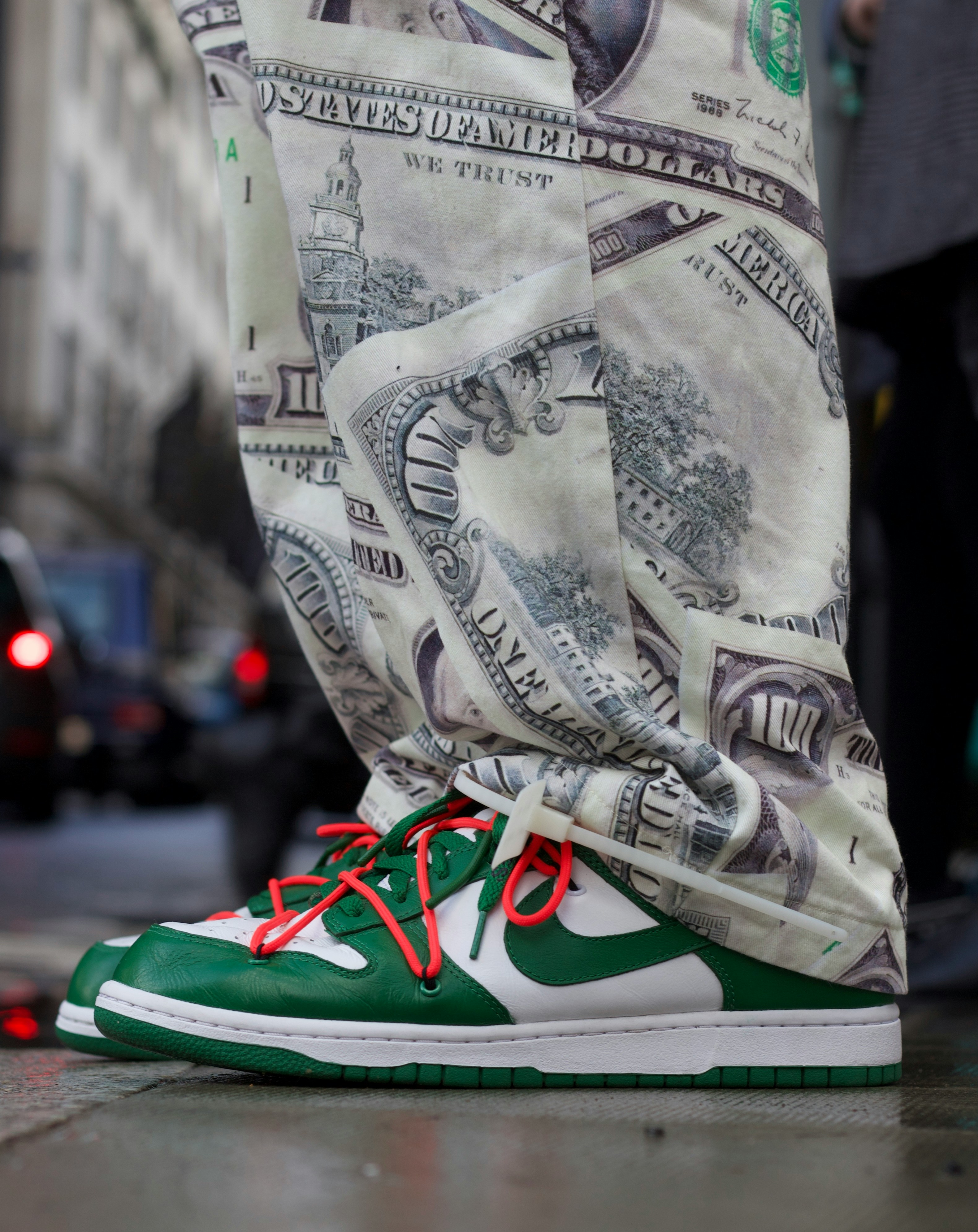 Green Nike Dunks with designer streetwear